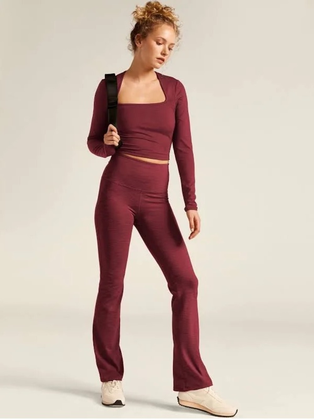 Beyond Yoga Heather Rib Frame Cropped Long Sleeve Pullover Top XL Rosewood Red
